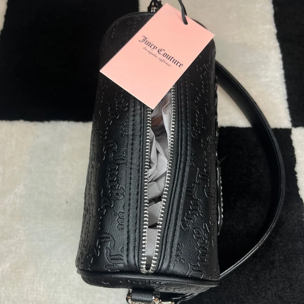 Juicy Couture Black Barrel Shoulder Bag Rhinestone Pearl Logo & Chain Strap - Picture 10 of 10